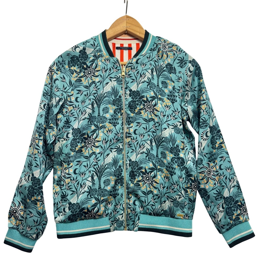 Scotch‎ Soda Reversible Bomber Jacket Floral Print Orange White Stripes Sz XS